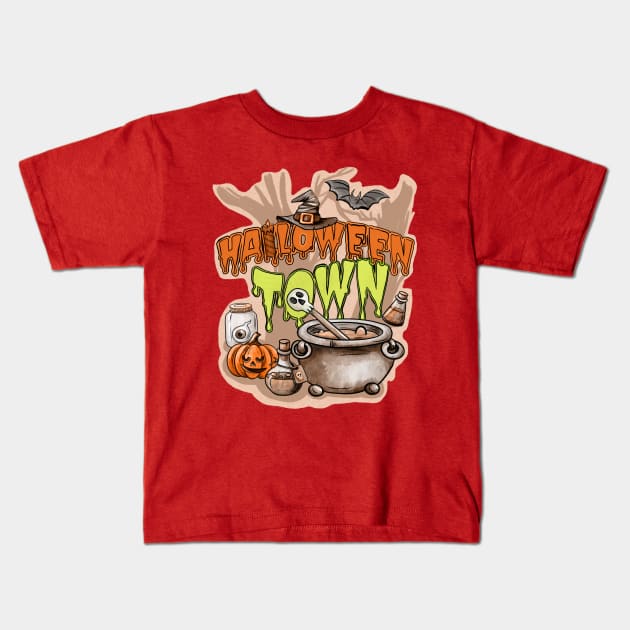 Scary Pumpkin And Bats Halloween Town Kids T-Shirt by i am Cuta